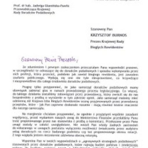 Pismo Przewodniczącej KRDP do Prezesa Krajowej Rady Biegłych Rewidentów